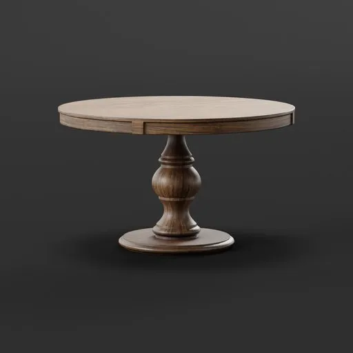 Antique-style round wooden dining table 3D model with high-resolution textures, Blender compatible