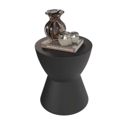 "Round Side Table 3D Model for Blender 3D - Featuring Vase and Candle Accessories. High Detail and Exquisite Black Coloring by Apelles."