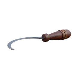 "Medieval-style wooden-handled sickle with sharp, rounded nose and 1k textures for Blender 3D. High-quality 3D render suitable for use in games and roguelike projects. Perfect for adding a touch of authenticity to your weaponry models."