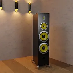 Highly detailed Blender 3D model of a black floorstanding speaker with yellow cones.