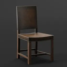 "Bar chair 3D model for Blender 3D - wooden chair with leather seat and metallic brass accessories, designed for video game assets. Retopology and hardmesh post with path traced lighting and updated PNG textures for improved quality."