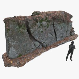 3D model of a detailed rock wall with leaves, photogrammetry to lowpoly, 4k textures, for Blender environments.