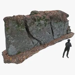 "Lowpoly 3D Rock Wall model for Blender 3D - forest ground environment element with photogrammetry baked texture. Albedo, normal and roughness maps included. 360-degree view with closed sides, suitable for game development and simulations."