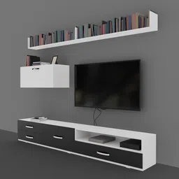 Modern 3D-rendered Blender TV unit with wall shelves, drawers and a sleek design for interior visualization.