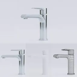 High-resolution 3D chrome faucet model in different views, wireframe included, suitable for Blender rendering.