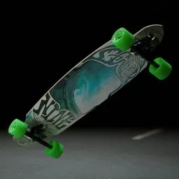Detailed 3D Blender model of a skateboard with vibrant green wheels and intricate deck design.