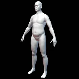 "Male Base Mesh - Fat" 3D model for full body use in Blender 3D software. Includes detailed elements of an overweight man with gray and white body textures. Poly count can be adjusted with modifier, perfect for 3D cell animations and source engine maps.