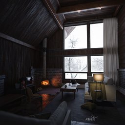 3D rendering of a Cozy Cabin scene by Soheil Mahmoudi, featuring a detailed interior with couches, fireplace, and desk items, ideal for creative professionals using Blender 3D modeling software.