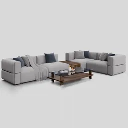 Modular fabric sofa set with coffee table 3D model, Blender compatible, showcasing contemporary furniture design.