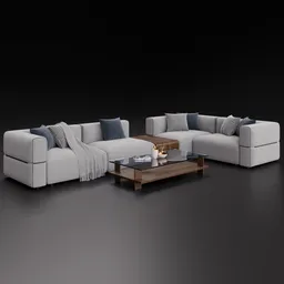 Modular fabric sofa set with coffee table 3D model, Blender compatible, showcasing contemporary furniture design.