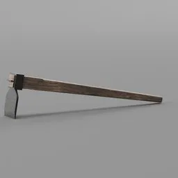 Realistic 3D hoe model with textured wood handle and metal blade, optimized for Blender, suitable for game asset.