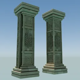 Detailed 3D model of historical temple columns with intricate carvings, compatible with Blender for architectural visualization.