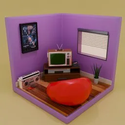 Stylized 3D Blender model of a cozy TV room, featuring retro TV, tape recorder, red armchair, and plant decor.