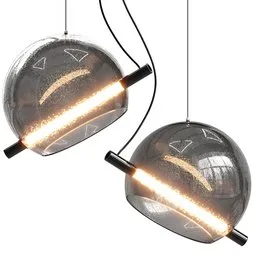"STC STUDIO's CODY Pendant Light in glass and metal, inspired by the Peugot Onyx, features two hanging lights and a stylish laser cut design. Designed in Blender 3D, this ceiling light is perfect for modern interiors."