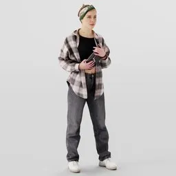 Blue-eyed 3D model girl with plaid shirt, black crop top, jeans, silk scarf, and bag, designed in Blender.