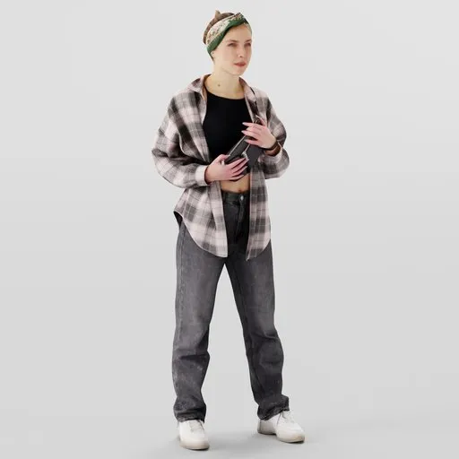 Blue-eyed 3D model girl with plaid shirt, black crop top, jeans, silk scarf, and bag, designed in Blender.
