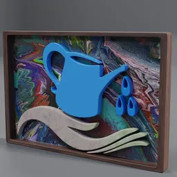 Detailed 3D model of a stylized wooden picture frame with colorful abstract art and gardening elements.