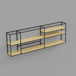 "Industrial bookcase design by fgnr, inspired by Wilhelm Leibl and featuring a black cage-like structure with two shelves. Created in 2019 using Blender 3D software, this high-quality, Scandinavian-style model is perfect for adding a touch of industrial chic to any interior design project."