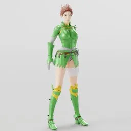 Alt text: "Aelia the knight in green leather armor and wielding two weapons, a high poly 3D model for Blender 3D with clean topology and a simple rig for easy animation. Perfect for fantasy game design."