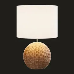3D-rendered natural rattan base lamp with tall linen shade, optimized for Blender.