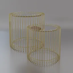 "Set of two luxurious gold side tables with sleek mirrored tops, perfect for adding a touch of elegance to any room. This Blender 3D model features intricate details such as bird cages, bangles, and floor grills to bring a unique and stylish design to your home decor."
