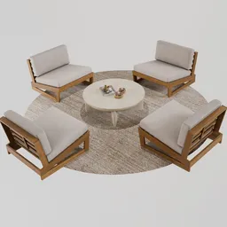 3D model of a modern outdoor furniture set, showcasing a round table, chairs with cushions, and a rug, compatible with Blender.