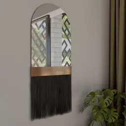 "Arch Mirror: a stunning 3D model in Blender 3D, featuring a beautiful decorative art deco border and wooden trim. The mirror reflects an arched shape measuring 90x38 cm, perfect for any design project in need of a reflective element."