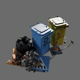 Garbage bin and pile of trash