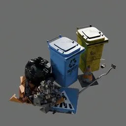 Garbage bin and pile of trash