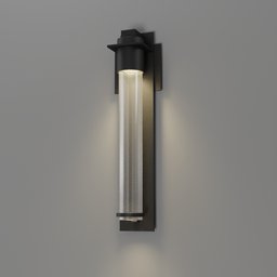"Airis Coastal Outdoor Wall Sconce: A contemporary outdoor light fixture with a glass tube and jet black tuffe coat, perfect for illuminating your outdoor space. Designed by Grillo Demo and rendered in Blender 3D."