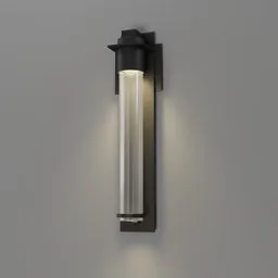 "Airis Coastal Outdoor Wall Sconce: A contemporary outdoor light fixture with a glass tube and jet black tuffe coat, perfect for illuminating your outdoor space. Designed by Grillo Demo and rendered in Blender 3D."