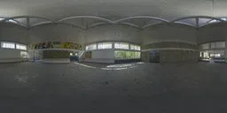 360-degree HDR panorama of a dilapidated interior with arched ceilings and diffused natural light perfect for 3D scene illumination.