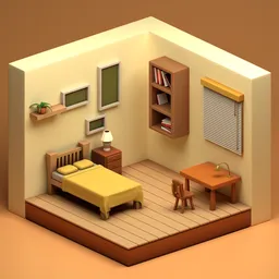 "Explore a stadium-themed 3D room with a comfortable bed, reading desk, and extensive library in Blender 3D. This cream-colored room with a low-angle dimetric rendering is perfect for mobile game designs or motion graphics. Discover the intricate details, including a tilt-shift lens and houdini render, that make this dirty space come alive."