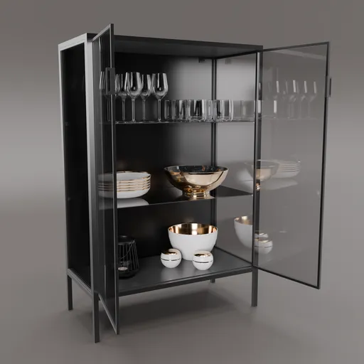 Sleek black glass cabinet 3D model with shelves and decorative objects for Blender rendering.