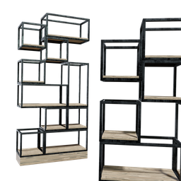 "Modular Shelves 3D model for Blender 3D - features wooden shelves against a black background, inspired by Liubov Popova, with tall metal towers and detailed cages. Perfect for any scene needing stylish shelving. Available on BlenderKit, UE Marketplace, and DeviantArt."