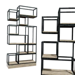 "Modular Shelves 3D model for Blender 3D - features wooden shelves against a black background, inspired by Liubov Popova, with tall metal towers and detailed cages. Perfect for any scene needing stylish shelving. Available on BlenderKit, UE Marketplace, and DeviantArt."