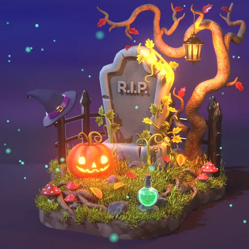 Stylized Halloween Graveyard Diorama