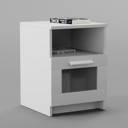 "White IKEA BRIMNES bedside table with books, modeled in Blender 3D. Simple and elegant design for your bedroom decor."