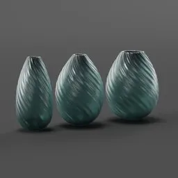 Three stylish turquoise ribbed 3D model vases of varying heights designed for Blender 3D interior decoration.