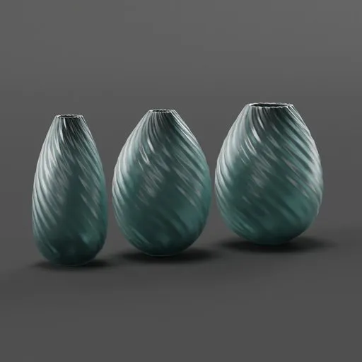 Three stylish turquoise ribbed 3D model vases of varying heights designed for Blender 3D interior decoration.