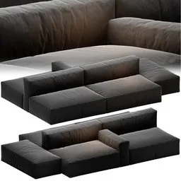 "Black modern modular sofa with reclining section for Blender 3D - Sofa J model from BlenderKit. Volumetric shapes, multiple views, top lid, and pillows included. Perfect addition to your 3D interior design projects."