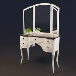 "White painted wood dressing table with drawers and mirror for Blender 3D. This highly detailed living room furniture model features rounded forms and a plant on top. Inspired by Villard de Honnecourt and James Peale, it is perfect for creating realistic interior designs."