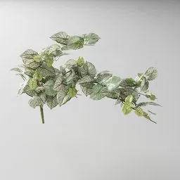 "Artificial tendril vine Caladium v1 3D model for Blender 3D featuring a white vase with ornamental bow and wild foliage connected via vines. Created by Cicely Hey, this game asset of a plant and tree with metallic skin is perfect for nature-inspired designs. Geometry nodes were made using the Bagapia addon with permission from the author."