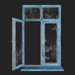 Detailed vintage blue wooden window 3D model, ideal for Blender rendering and architecture visualization.