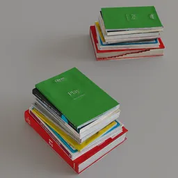 Realistic 3D model of a colorful stack of arts books for Blender rendering and visualization.