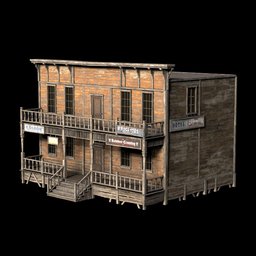 Detailed 3D model of a Wild West hotel with high-resolution textures suitable for Blender renderings.