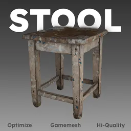 Realistic 3D model of a vintage painter's stool with worn paint details, ready for Blender rendering and game integration.