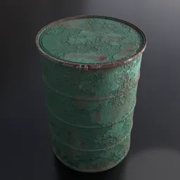Rustic green 3D model of an industrial steel drum, highly detailed for Blender rendering and concept art.
