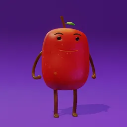 "Low poly Apple character with UV map created in Blender 3D. This 3D model features a cartoon tomato with a green leaf on its head, rendered in Unity. Perfect for anyone searching for unique and original 3D assets."