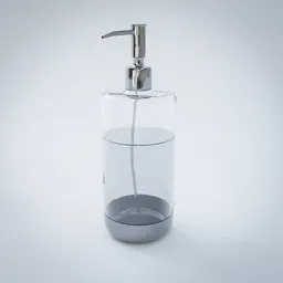 "Glass soap dispenser with chrome/aluminum dispenser in Blender 3D. Realistic bumps on the glass and sleek design inspired by Wolff Olins and Kose Kanaoka. Perfect for utility category projects."